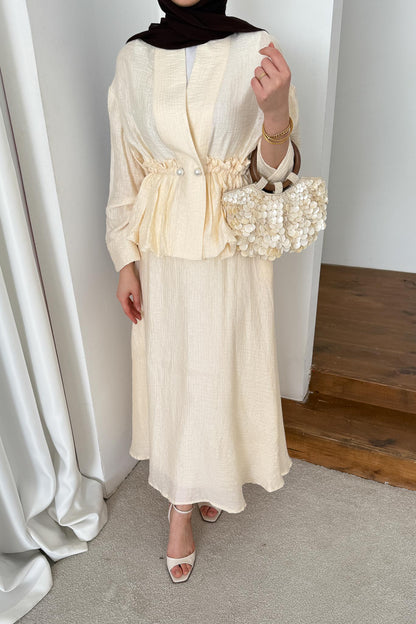 İnci Düğmeli Takım Sarı