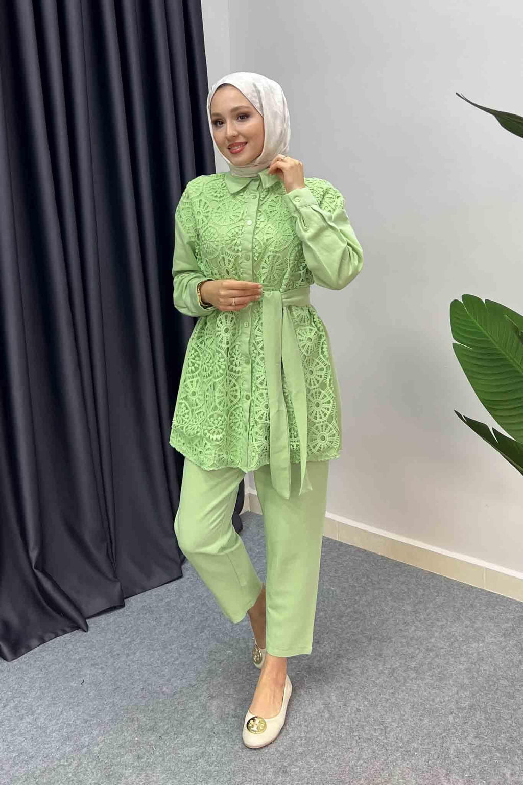 Olive Dantelli Takım Mint Yeşili