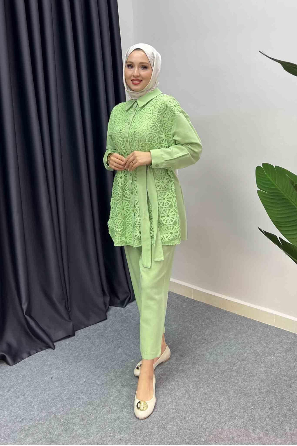 Olive Dantelli Takım Mint Yeşili