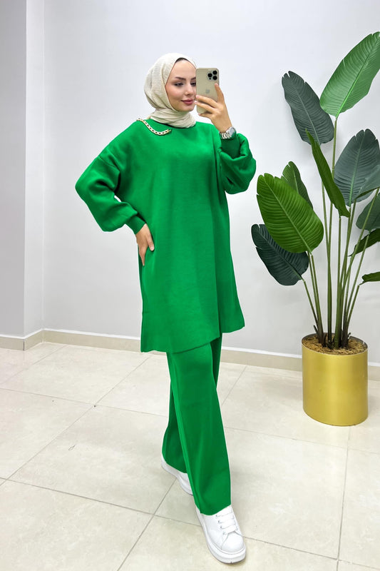 Chain Shoulder Knitwear Set Green