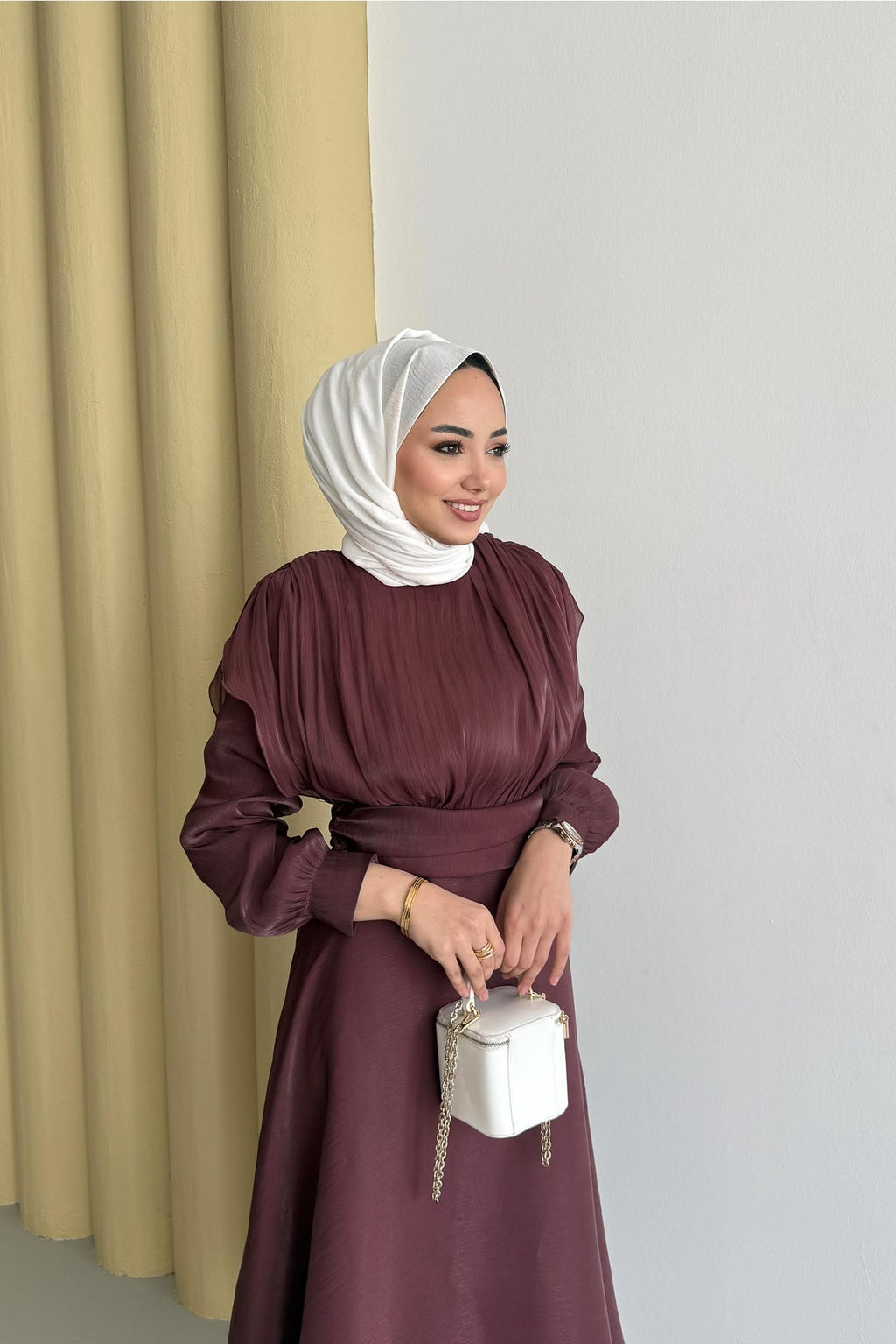Simli Şifon Elbise Mürdüm