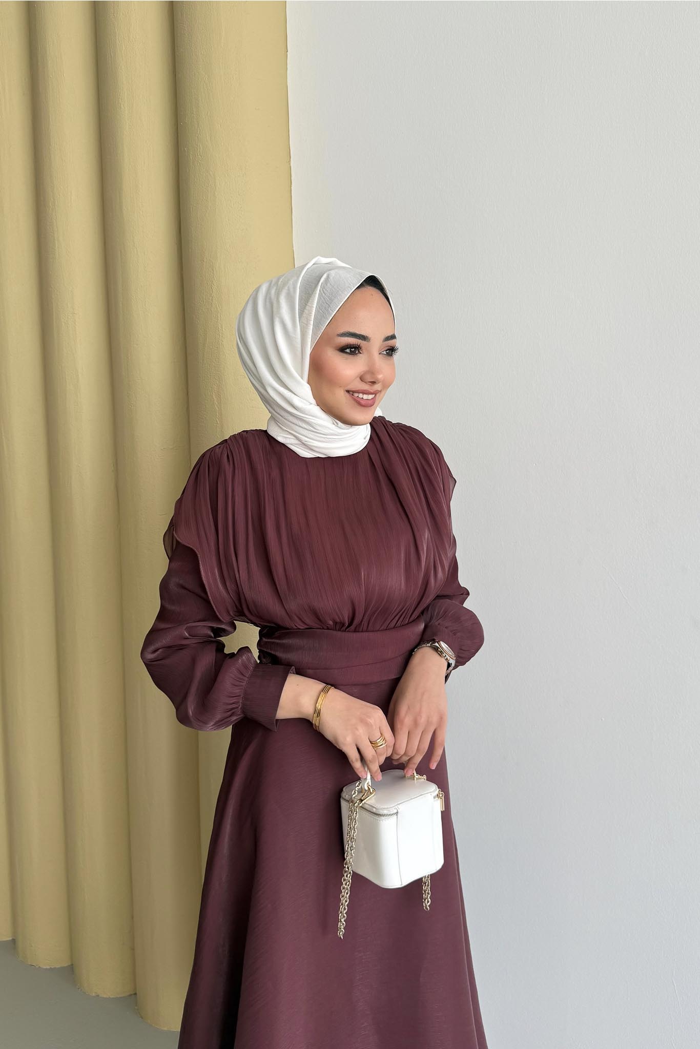 Simli Şifon Elbise Mürdüm