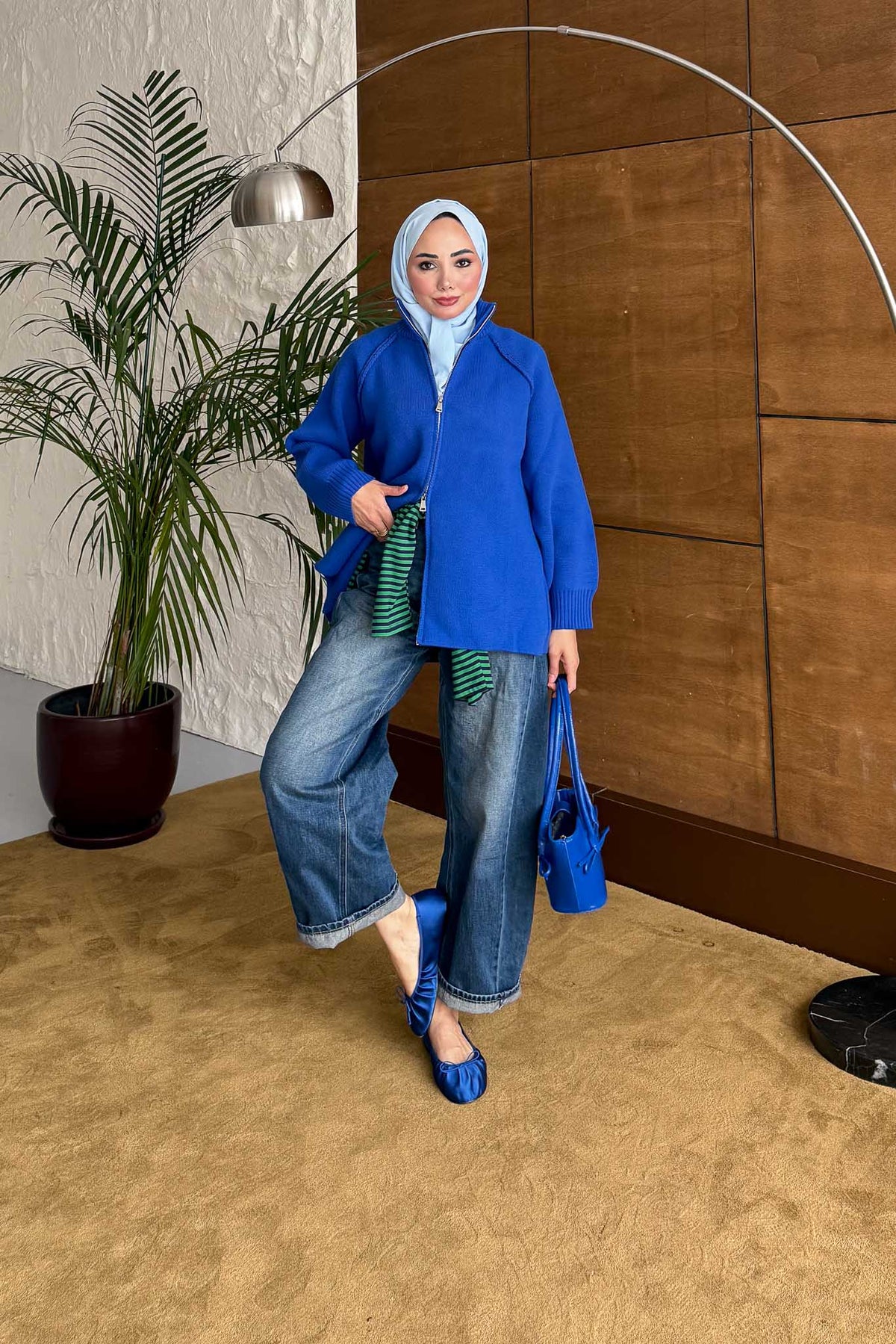 Oversize Fermuarlı Hırka Saks