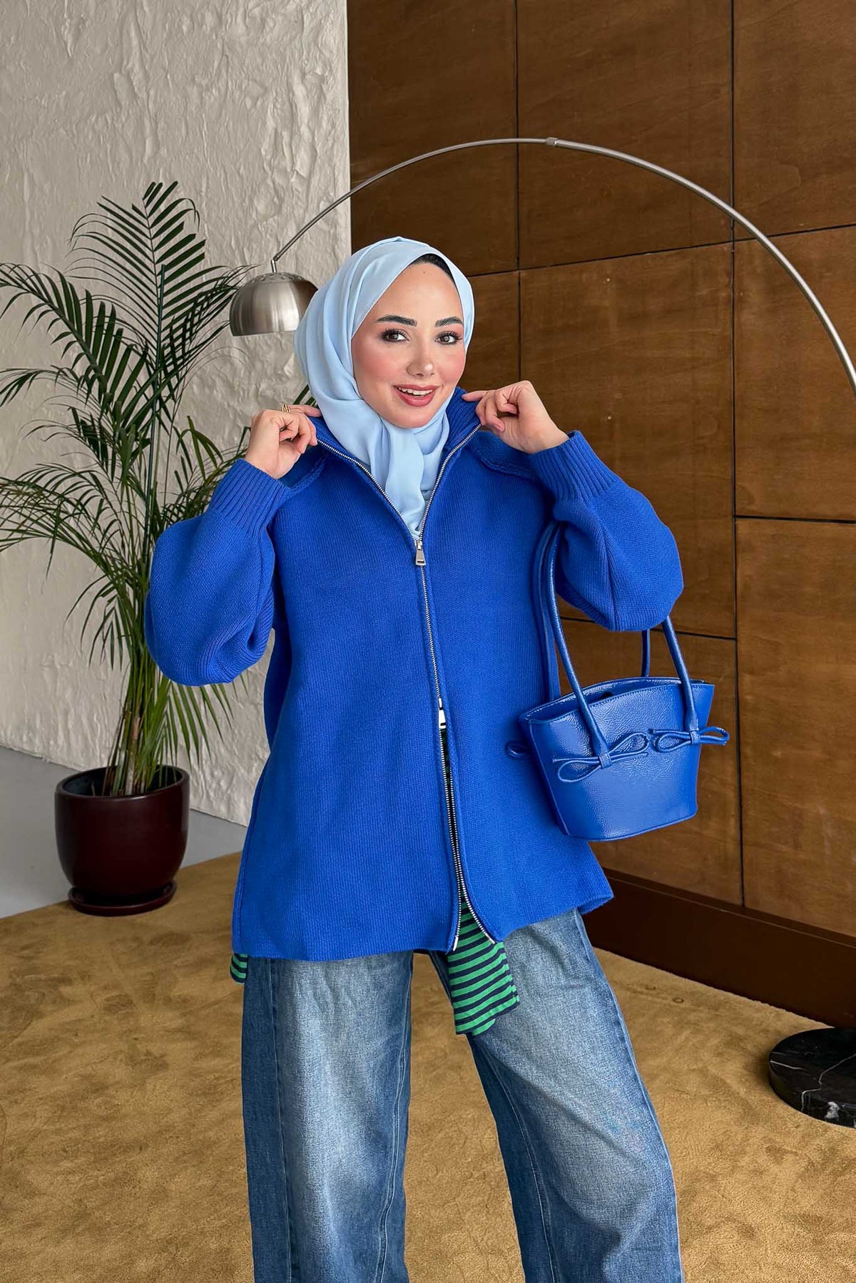 Oversize Fermuarlı Hırka Saks