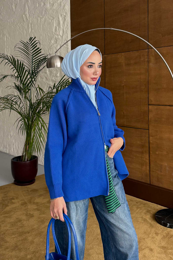 Oversize Fermuarlı Hırka Saks