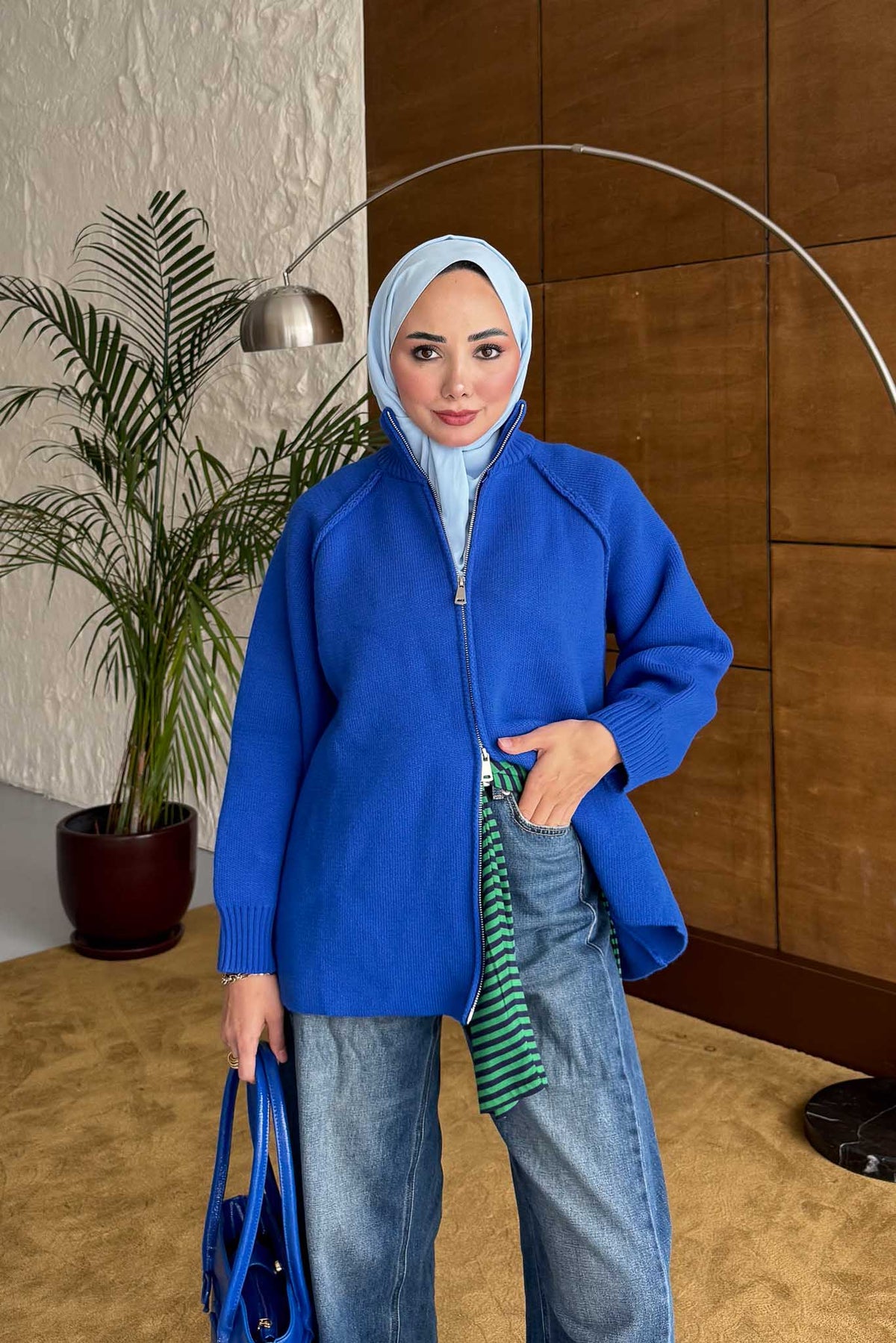 Oversize Fermuarlı Hırka Saks