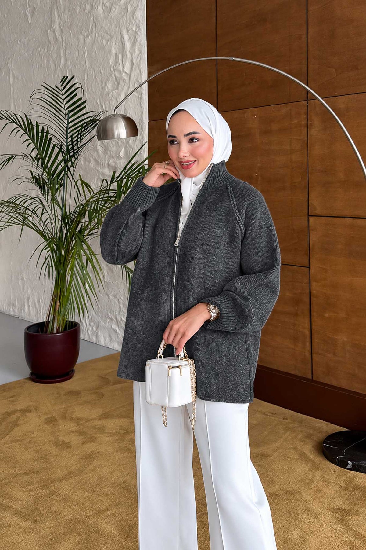 Oversize Fermuarlı Hırka Antrasit