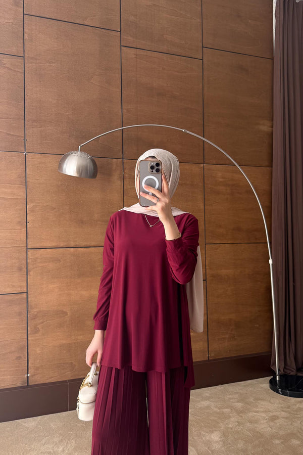 Pantolonu Pilise Detaylı Takım Bordo