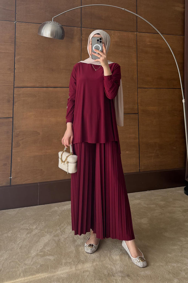 Pantolonu Pilise Detaylı Takım Bordo