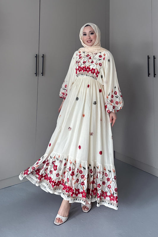 Papatya İşlemeli Elbise Bej