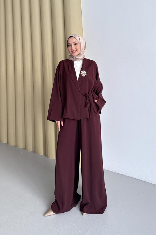 Papatya Broşlu Takım Bordo