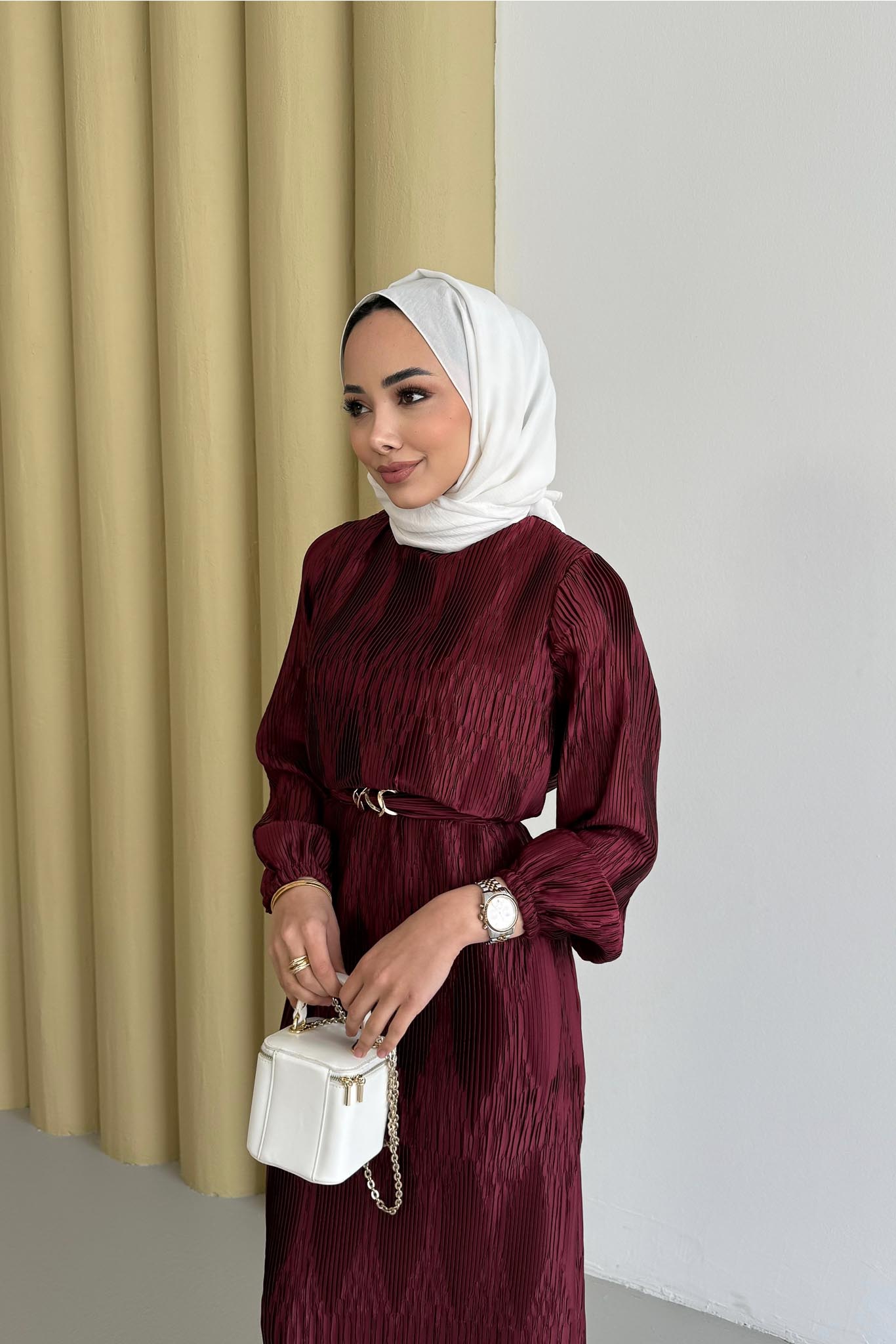 Petek Desenli Elbise Mürdüm