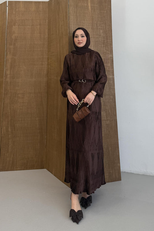 Petek Desenli Elbise Kahve