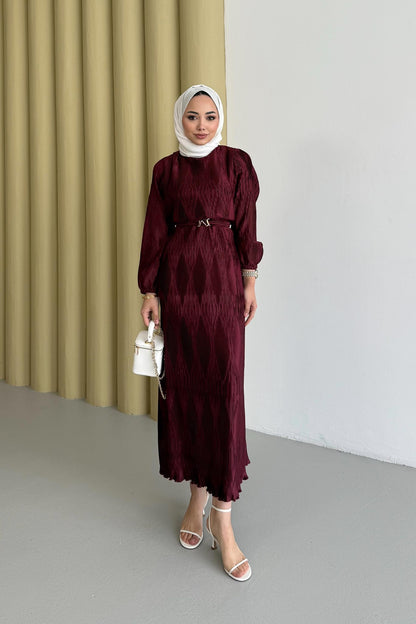 Petek Desenli Elbise Mürdüm