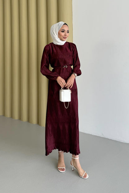 Petek Desenli Elbise Mürdüm