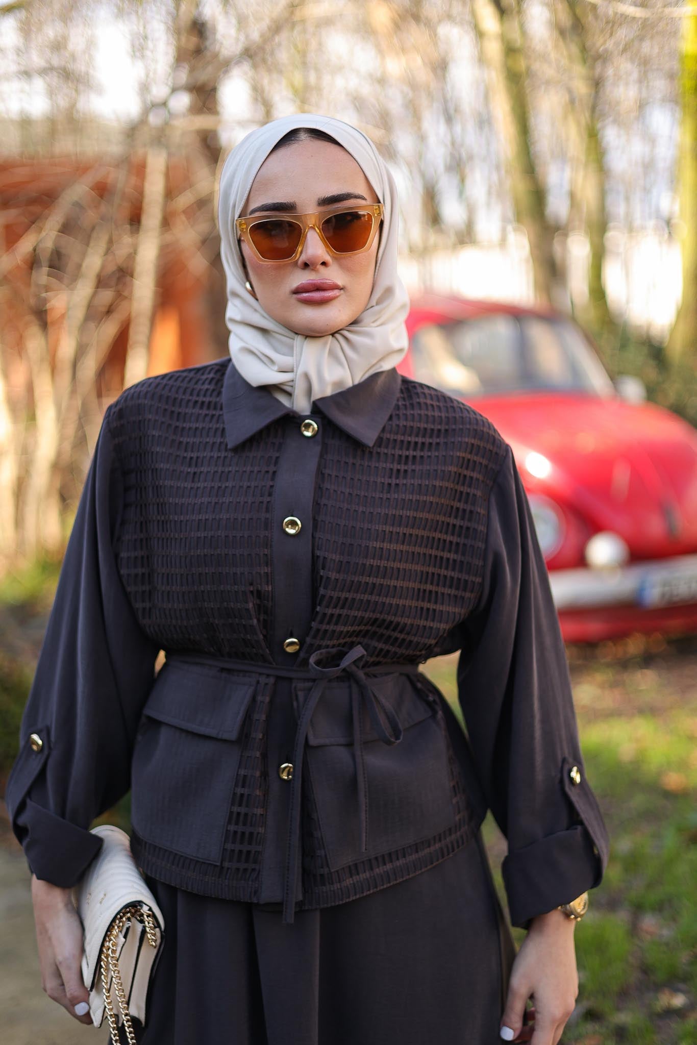 Petek İşlemeli Takım Kahverengi