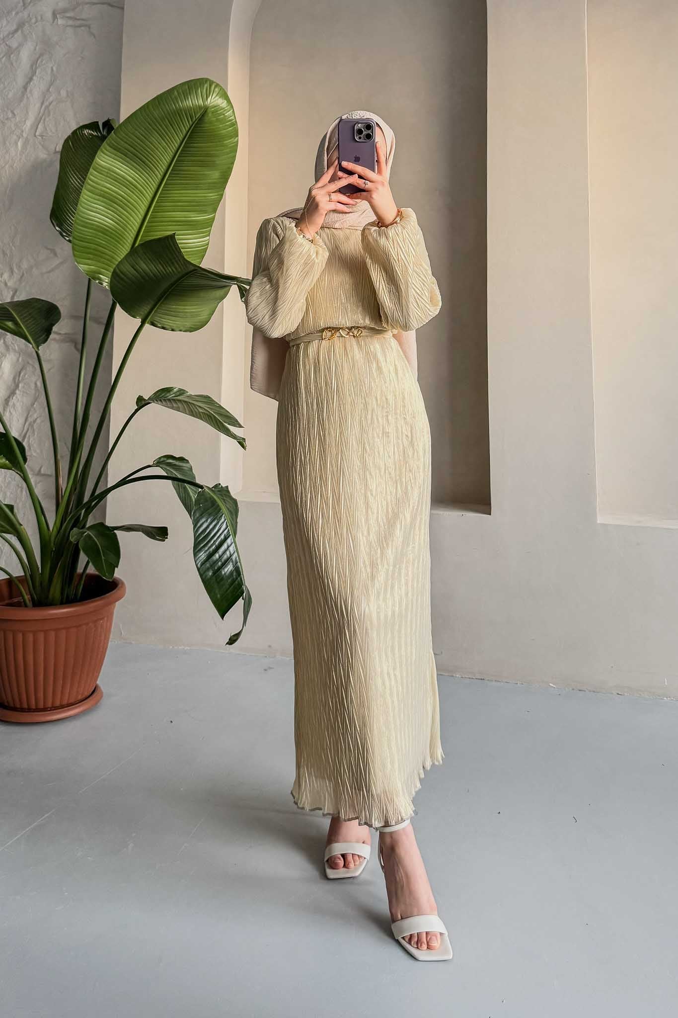 Seyran Pleated Dress Beige