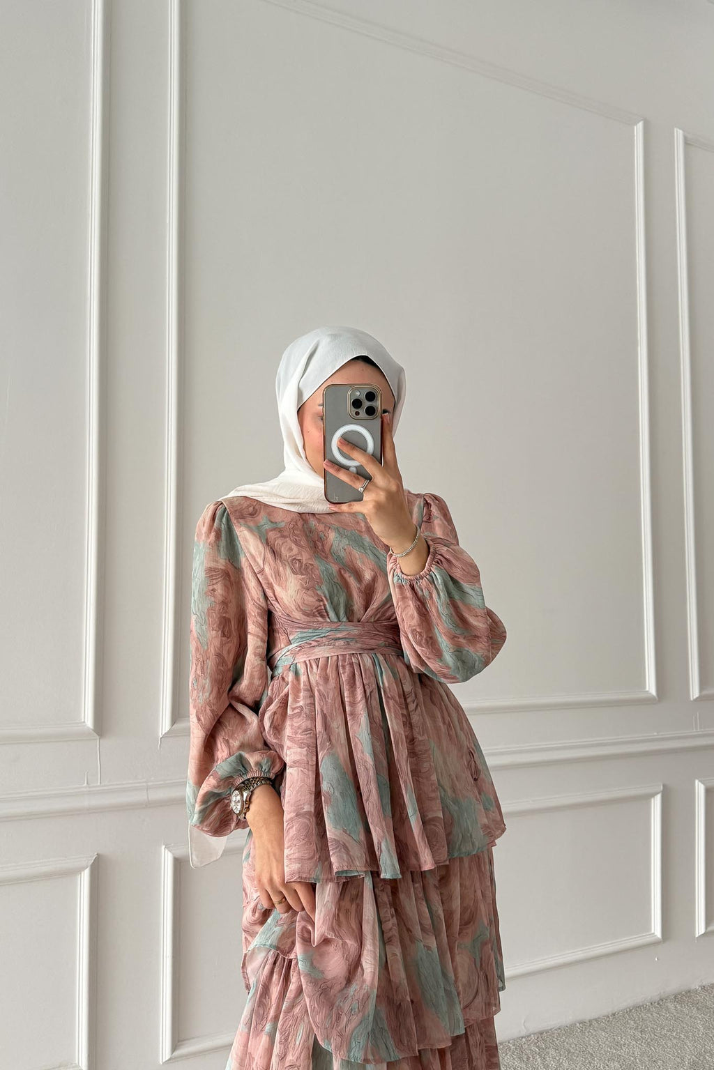 Pinar Desenli Elbise Pudra