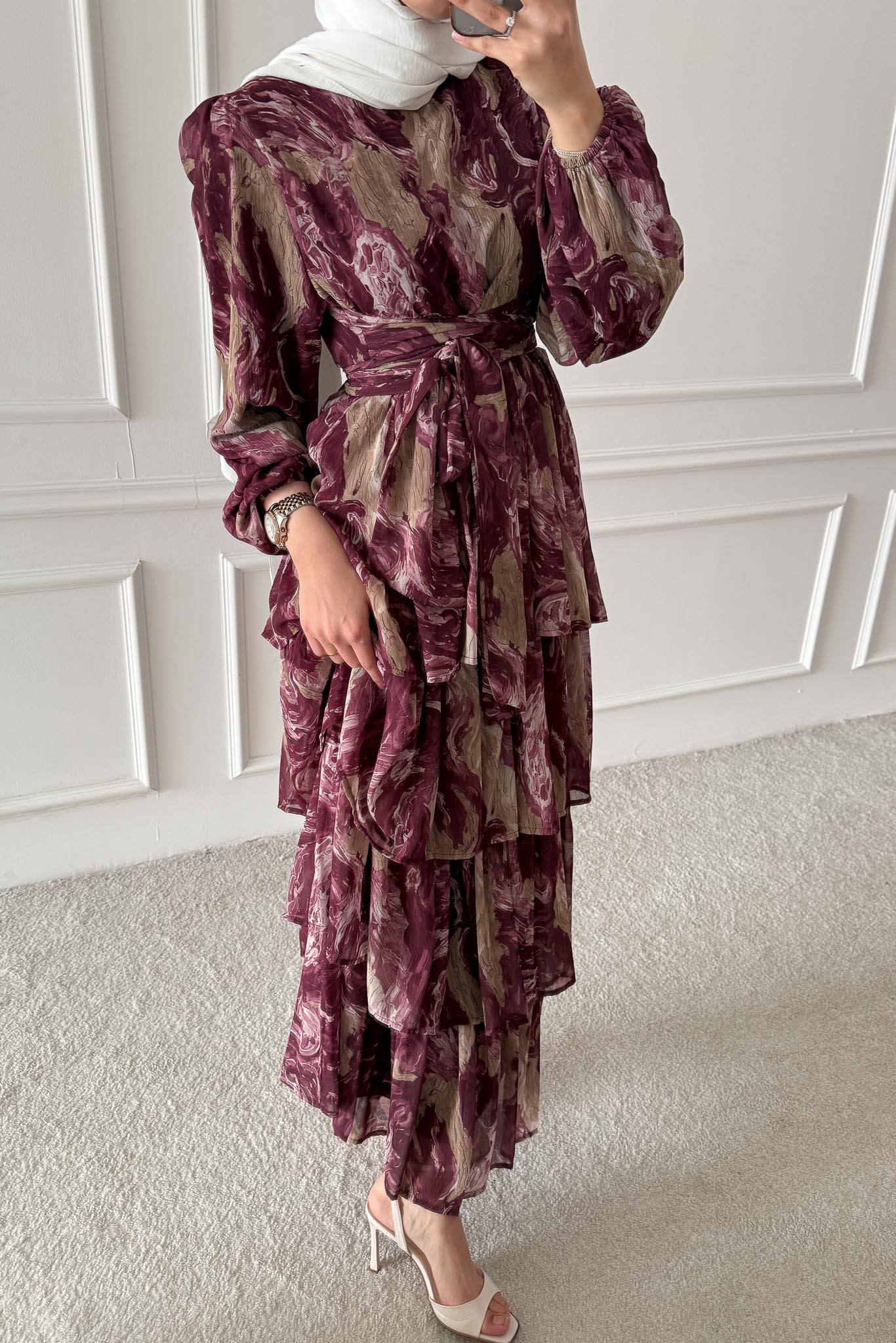 Pinar Desenli Elbise Bordo
