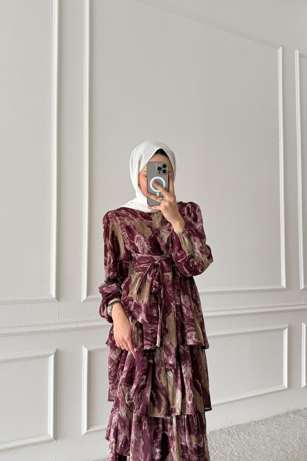 Pinar Desenli Elbise Bordo