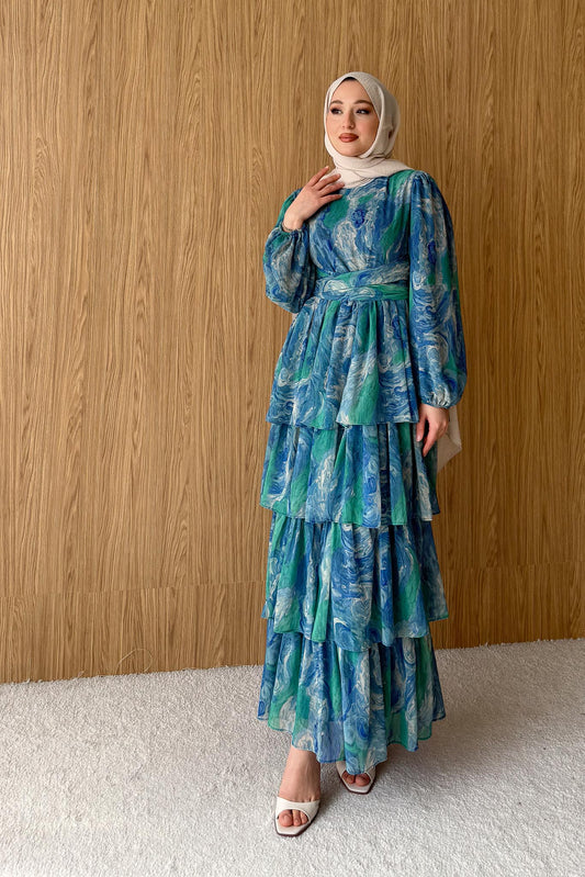 Pinar Desenli Elbise Mavi