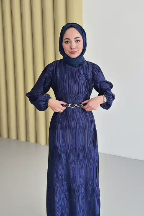 Petek Desenli Elbise Lacivert