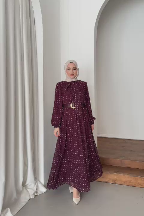 Kemerli Puanlı Elbise Bordo
