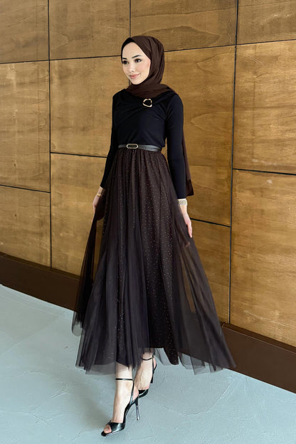 Price Taşlı Etek Kahverengi