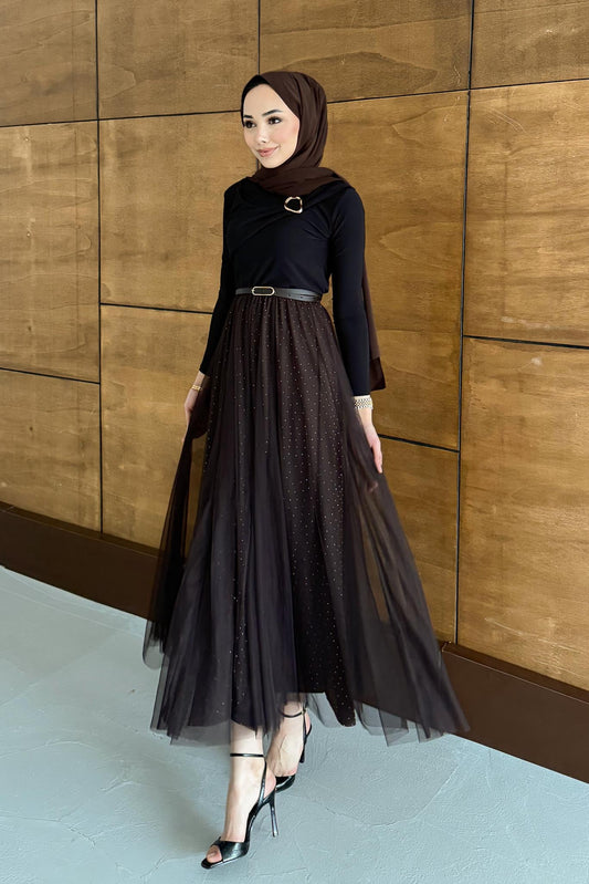 Price Taşlı Etek Kahverengi