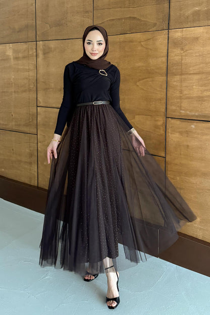 Price Taşlı Etek Kahverengi