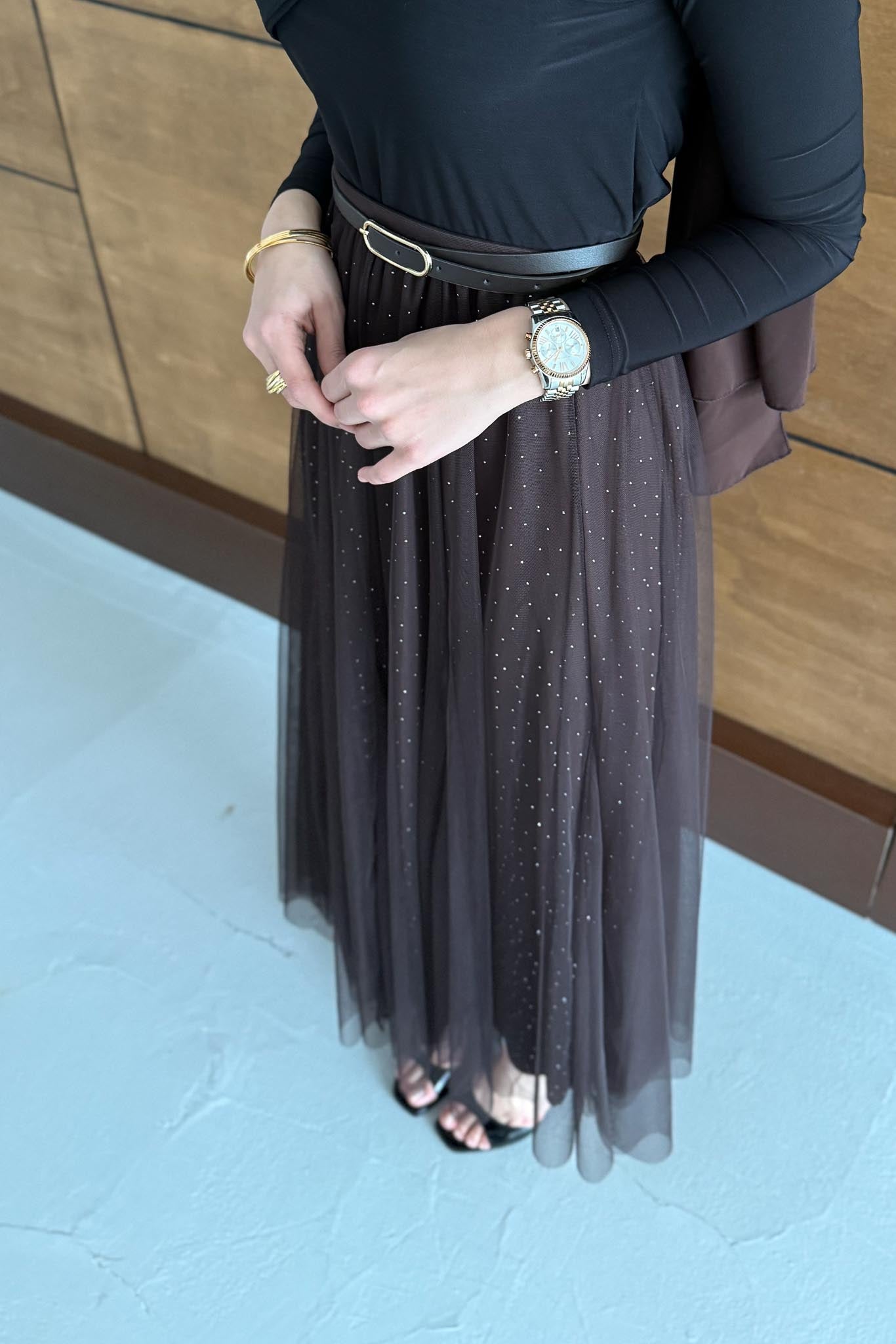 Price Taşlı Etek Kahverengi