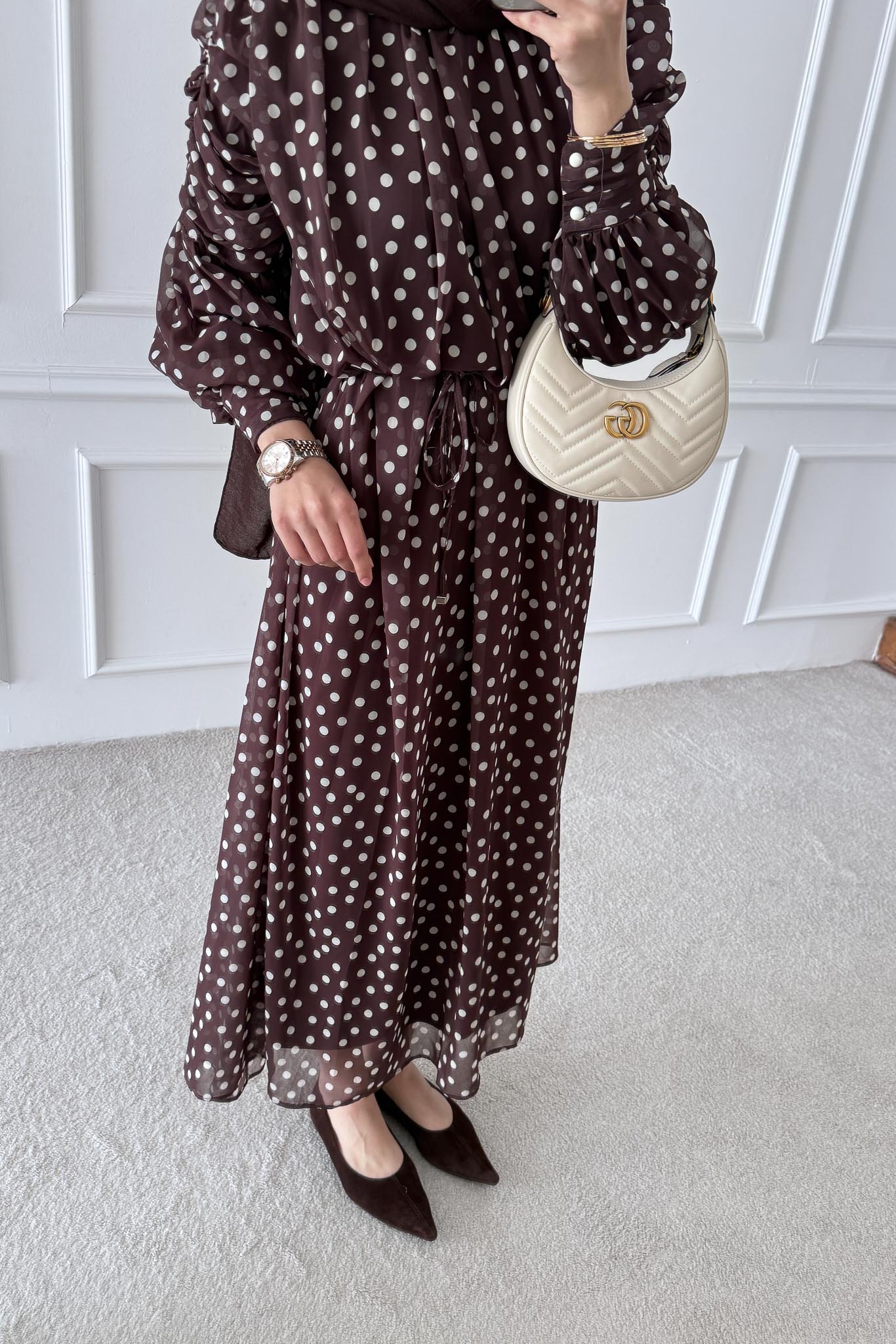 Puantiye Elbise Kahverengi