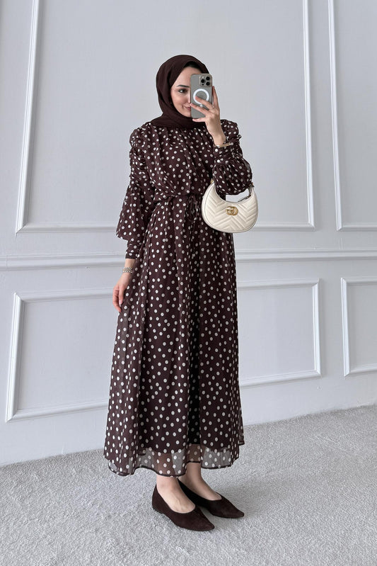 Puantiye Elbise Kahverengi