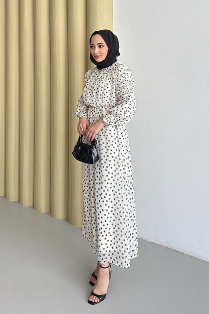 Puantiye Elbise Ekru