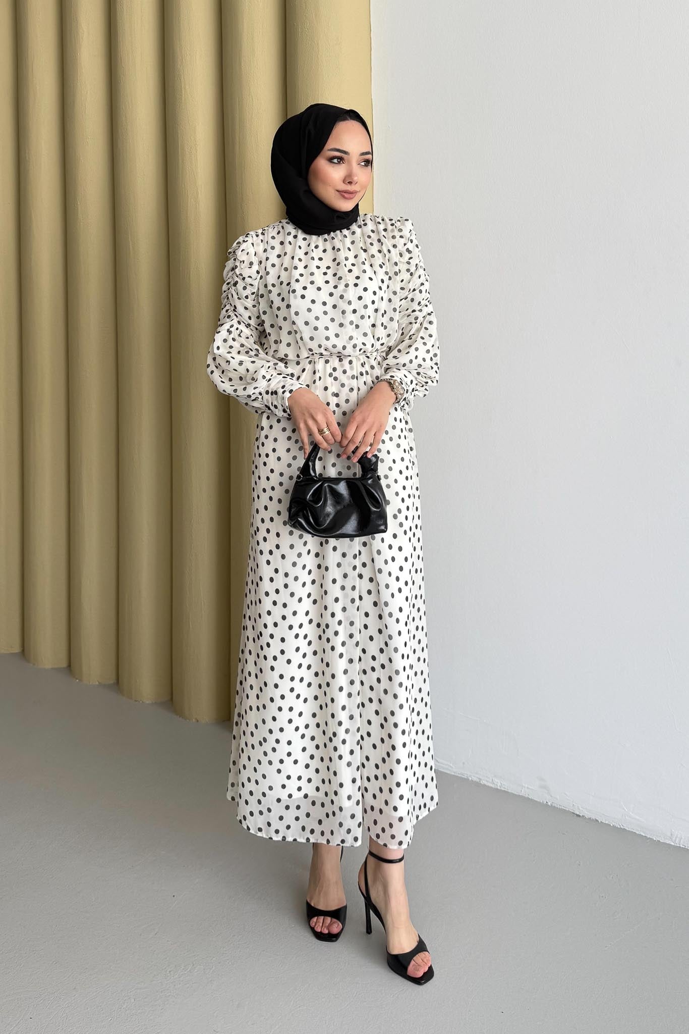 Puantiye Elbise Ekru