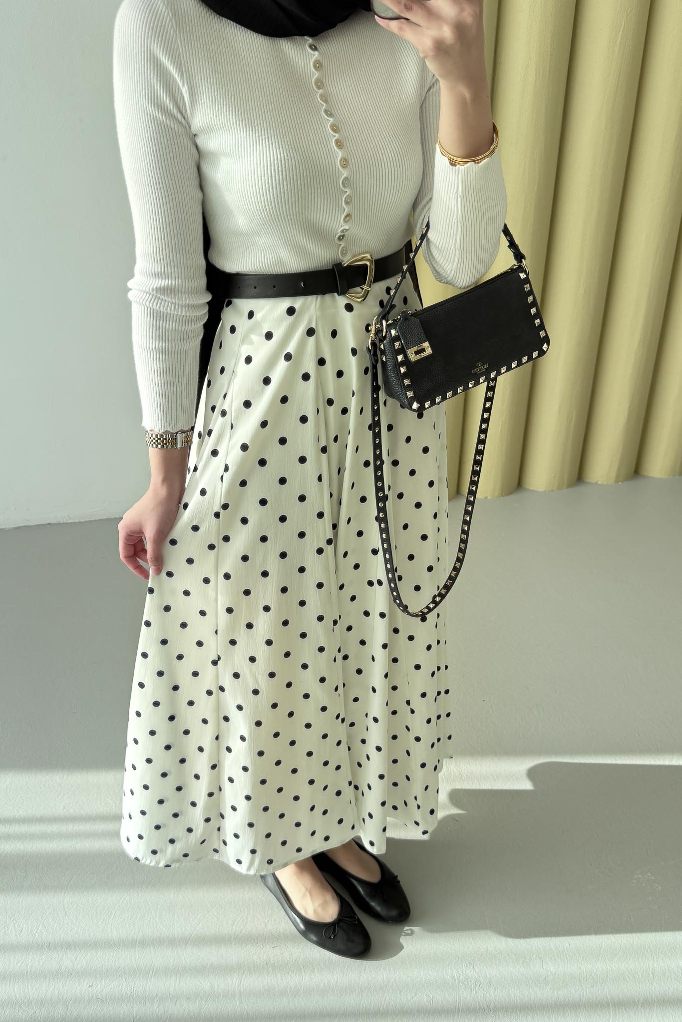 Puantiye Desenli Etek Beyaz