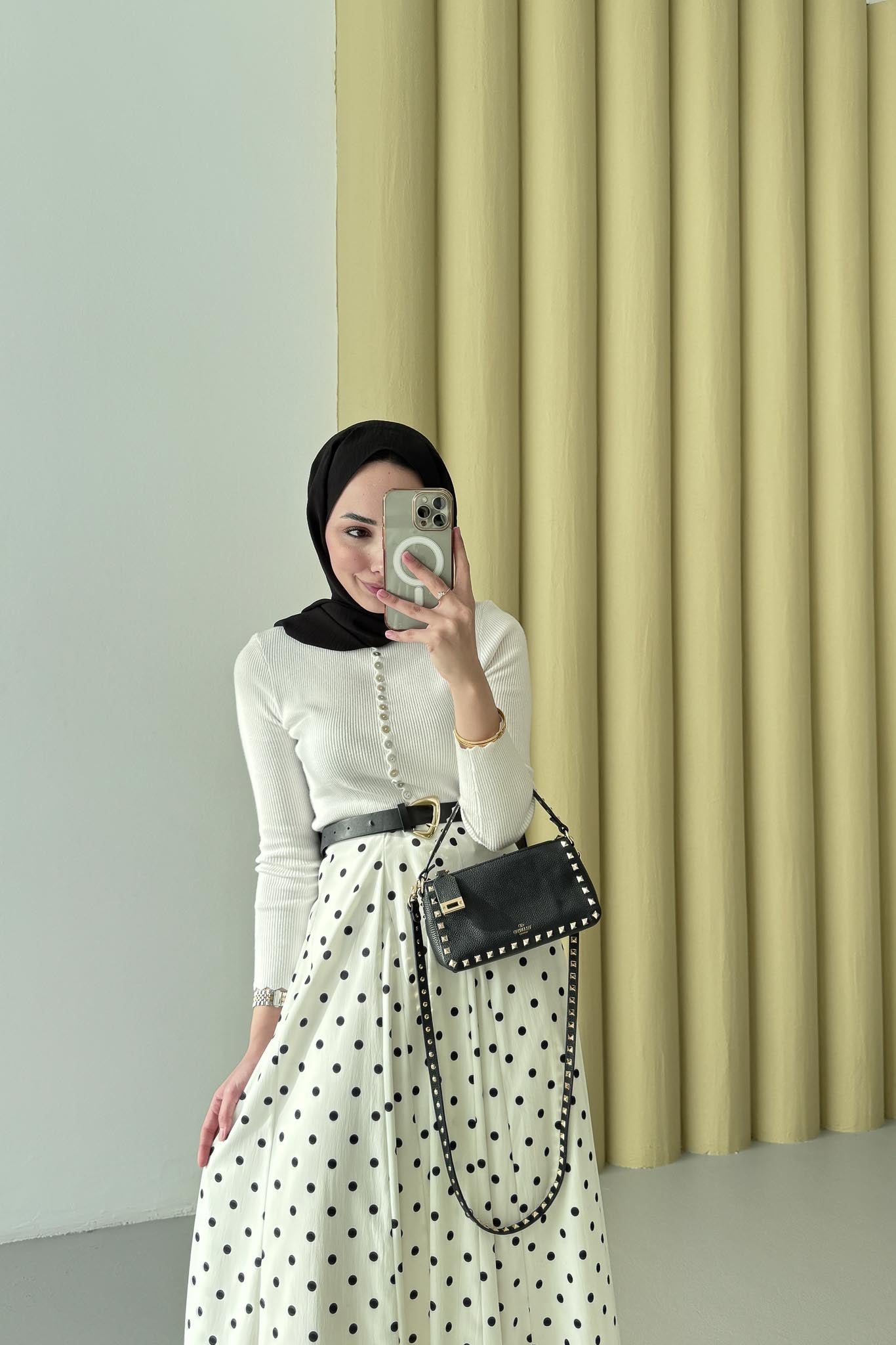 Puantiye Desenli Etek Beyaz