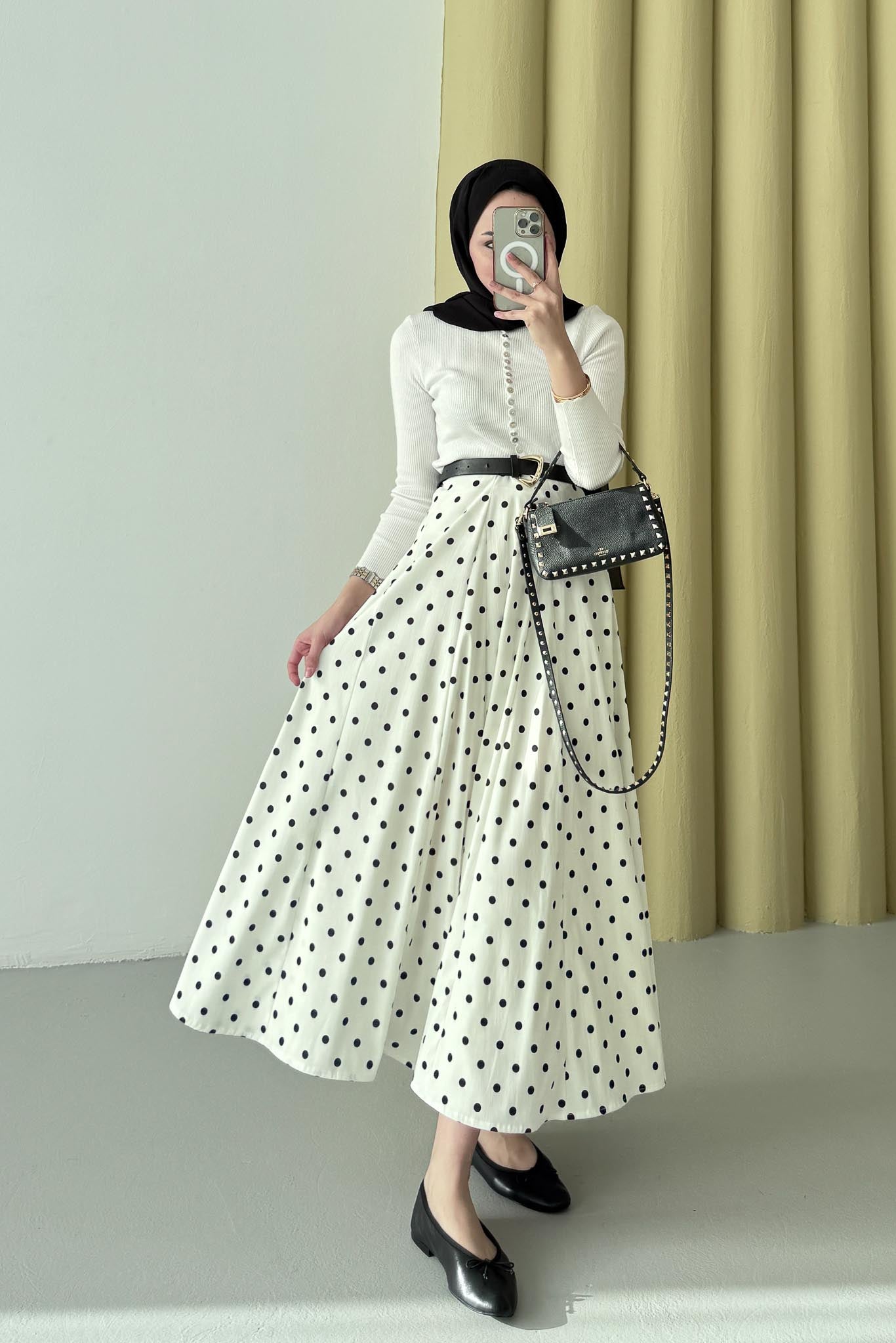 Puantiye Desenli Etek Beyaz