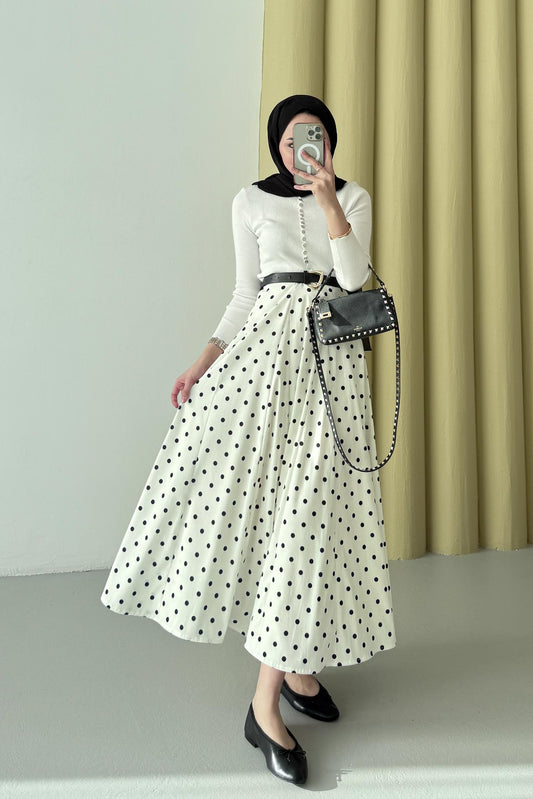 Puantiye Desenli Etek Beyaz