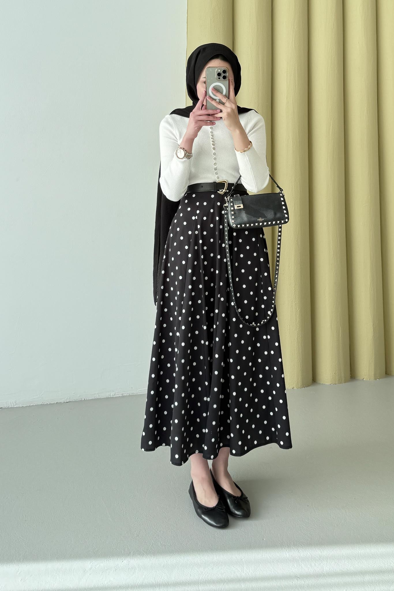 Puantiye Desenli Etek Siyah