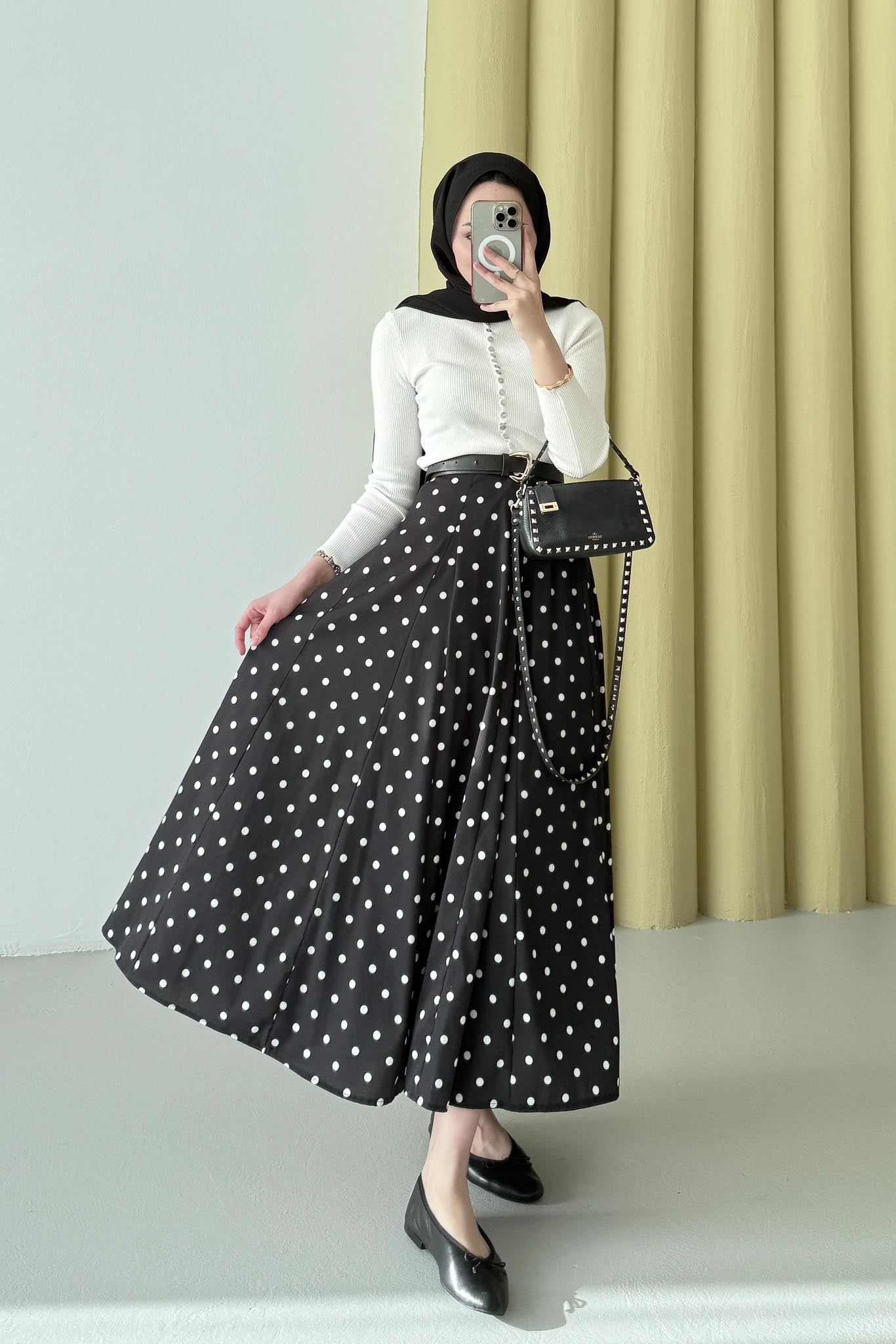 Puantiye Desenli Etek Siyah