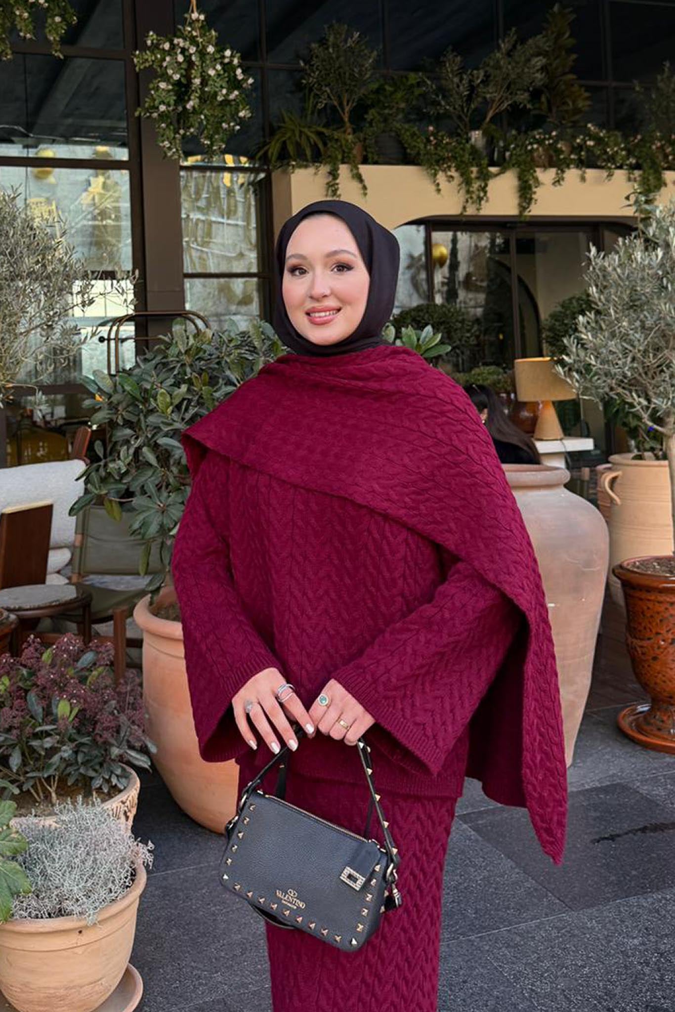 Saç Örgülü Atkılı Takım Bordo