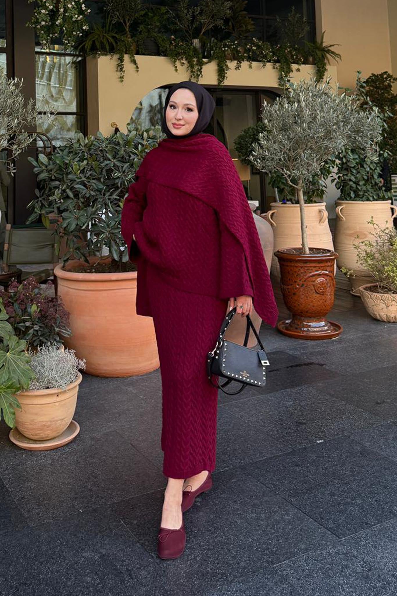 Saç Örgülü Atkılı Takım Bordo