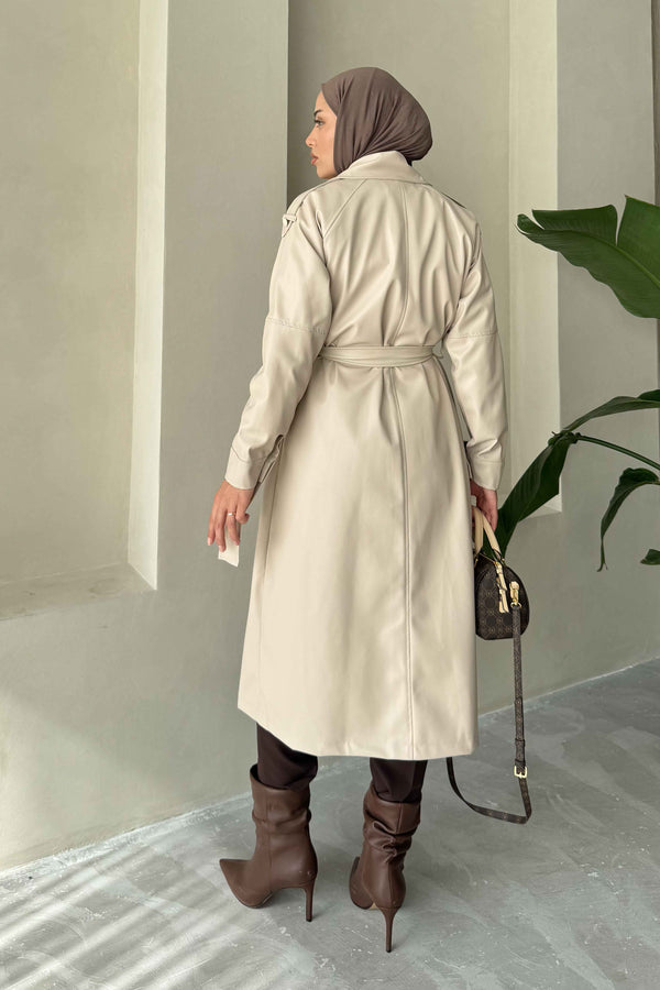 Sara Leather Trench Coat Beige