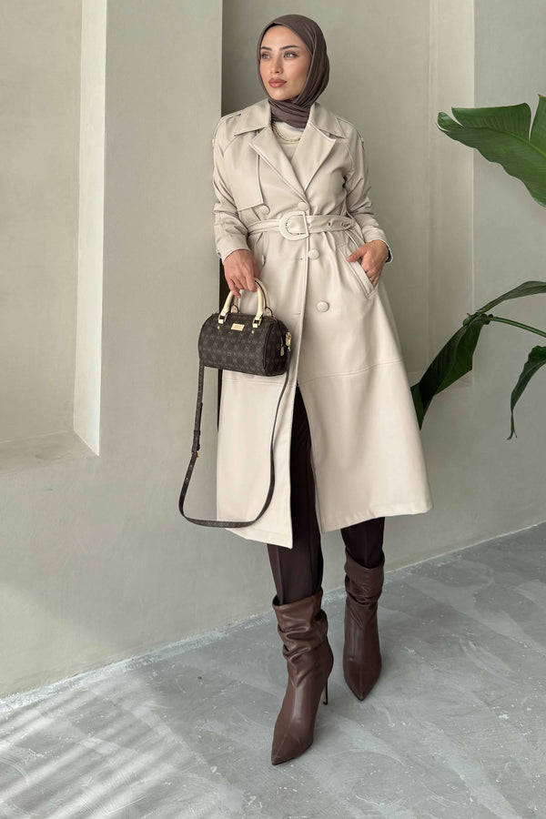 Sara Leather Trench Coat Beige