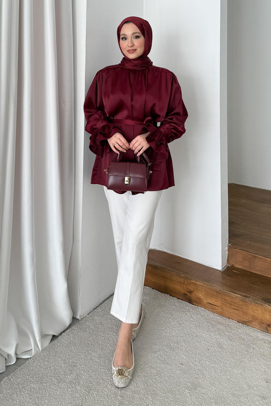 İpek Kol Detaylı Gömlek Bordo