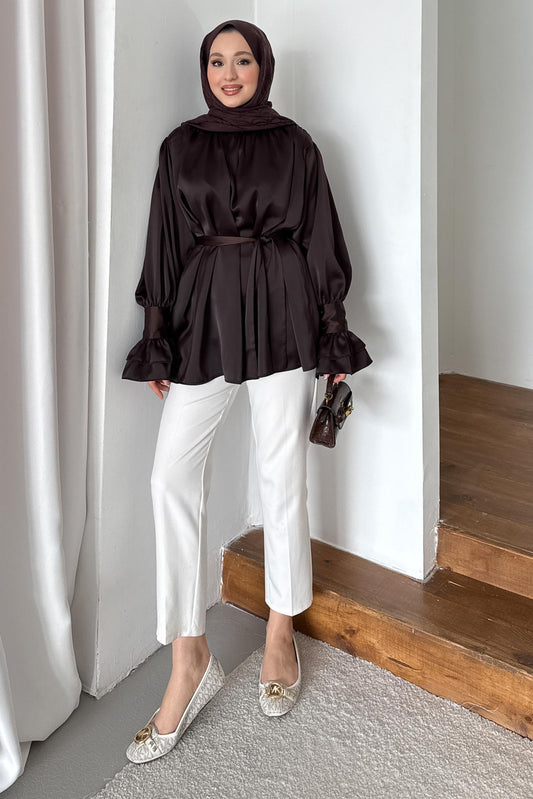 İpek Kol Detaylı Gömlek Acı Kahve