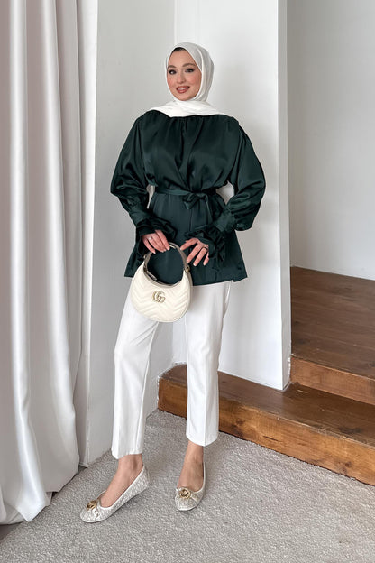 İpek Kol Detaylı Gömlek Zümrüt