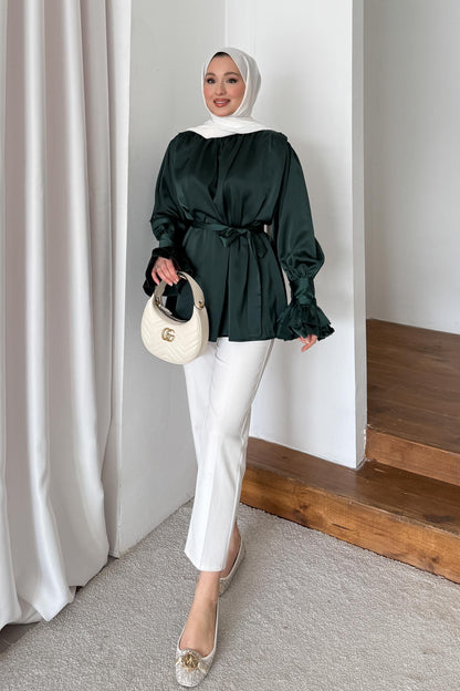 İpek Kol Detaylı Gömlek Zümrüt