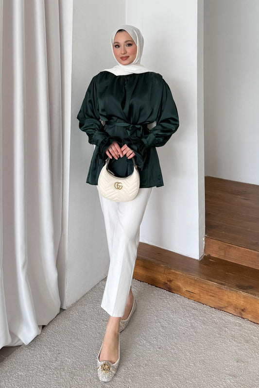 İpek Kol Detaylı Gömlek Zümrüt